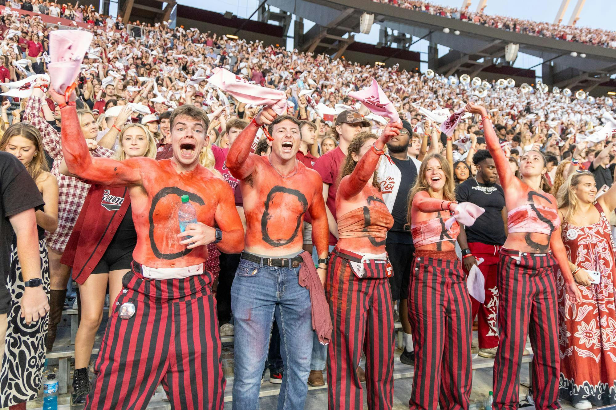 University of South Carolina students wave their rally towels during the playing of “Sandstorm” at Williams-Brice Stadium on Oct. 25, 2025. The Gamecocks played the Crimson Tide at home in front of a crowd of 79,537.