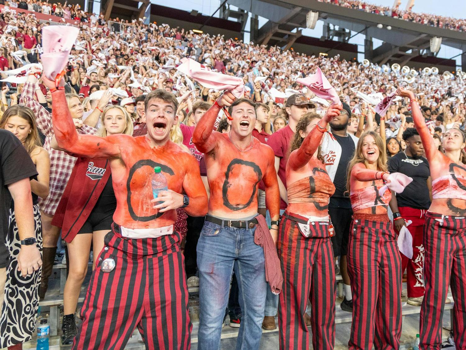 University of South Carolina students wave their rally towels during the playing of “Sandstorm” at Williams-Brice Stadium on Oct. 25, 2025. The Gamecocks played the Crimson Tide at home in front of a crowd of 79,537.