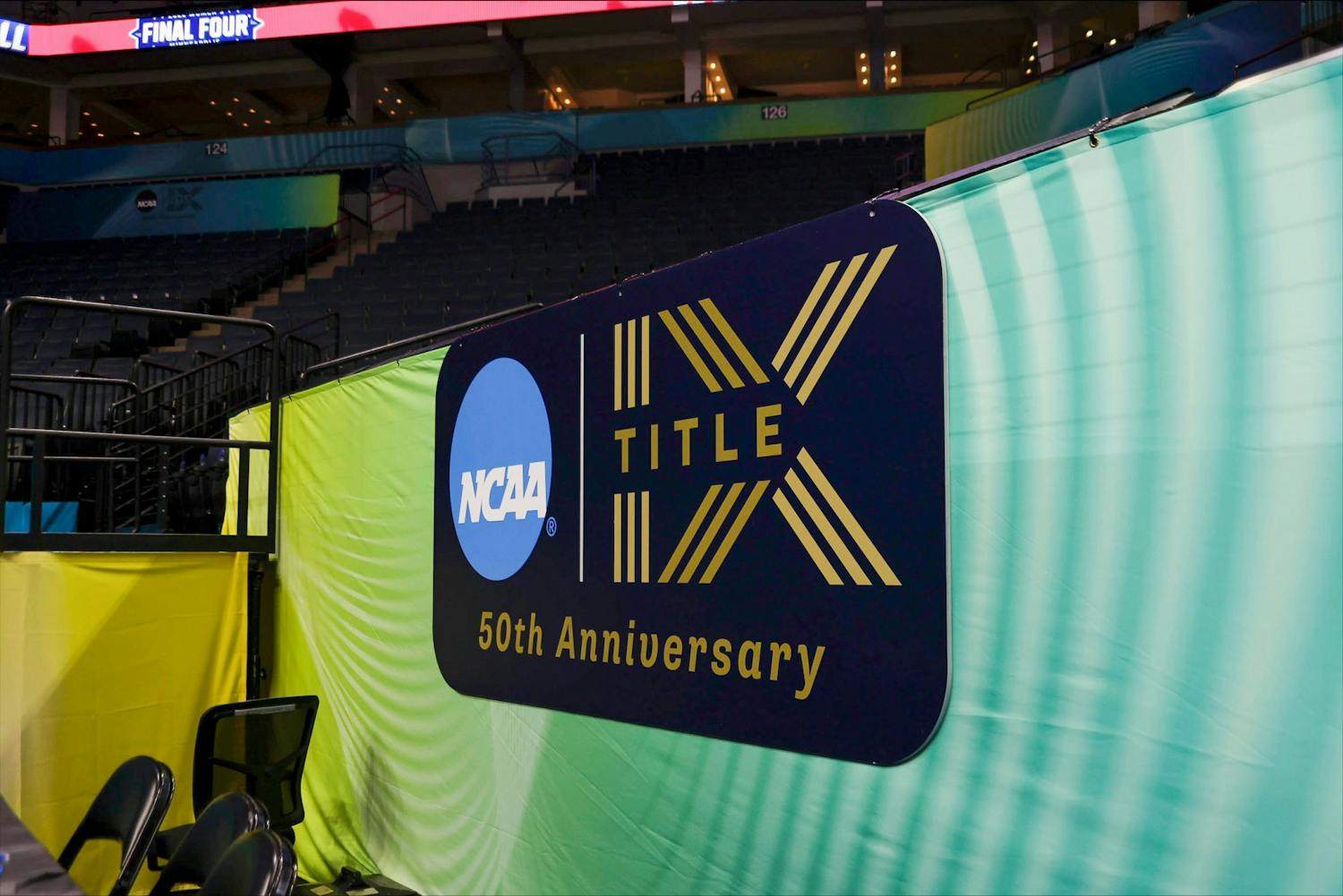 FILE— Backdrop promoting the 50th anniversary of Title IX. Title IX is a federal law that prevents discrimination based on sex by fund-receiving education programs, the law has brought about important changes to the world of women's sports.