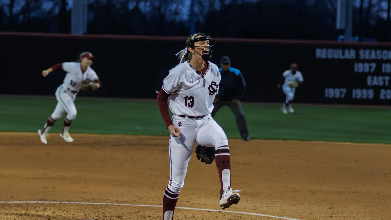 Junior pitcher Emma Friedel celebrates a strikeout during a game against Charlotte on Feb. 24, 2026, at Carolina Softball Stadium. Friedel has 30 strikeouts this season.
