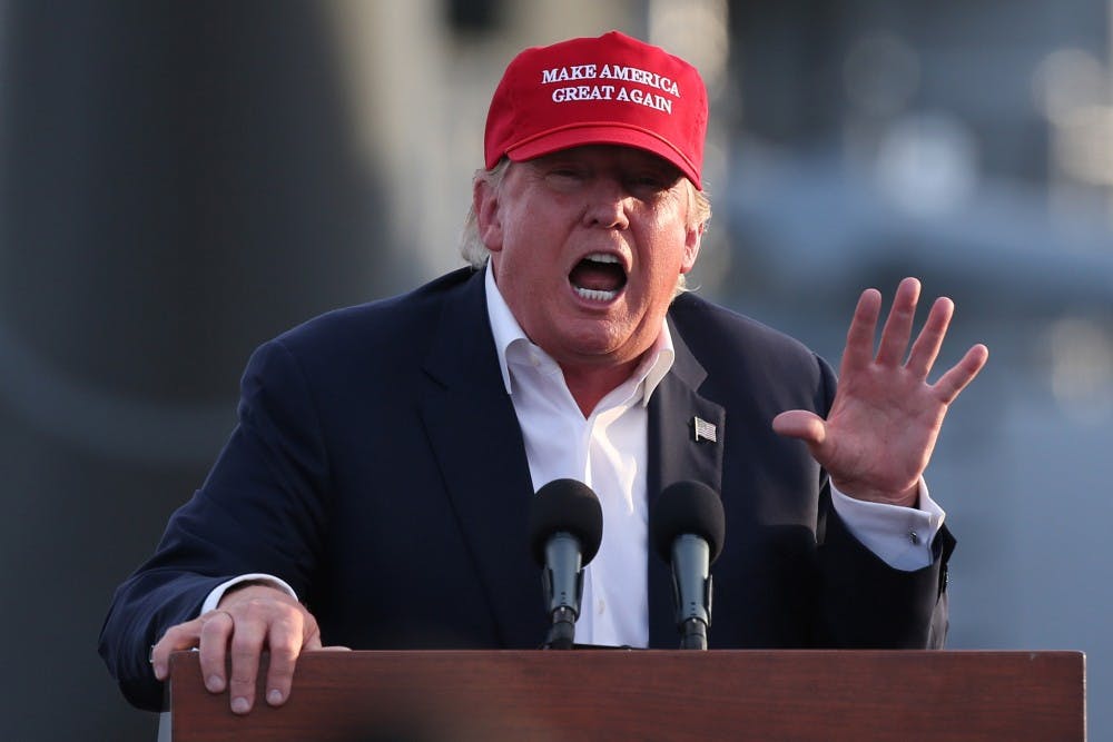 Republican presidential candidate Donald Trump makes a campaign stop aboard the USS Iowa battleship in Los Angeles on Tuesday, Sept. 15, 2015. (Robert Gauthier/Los Angeles Times/TNS)