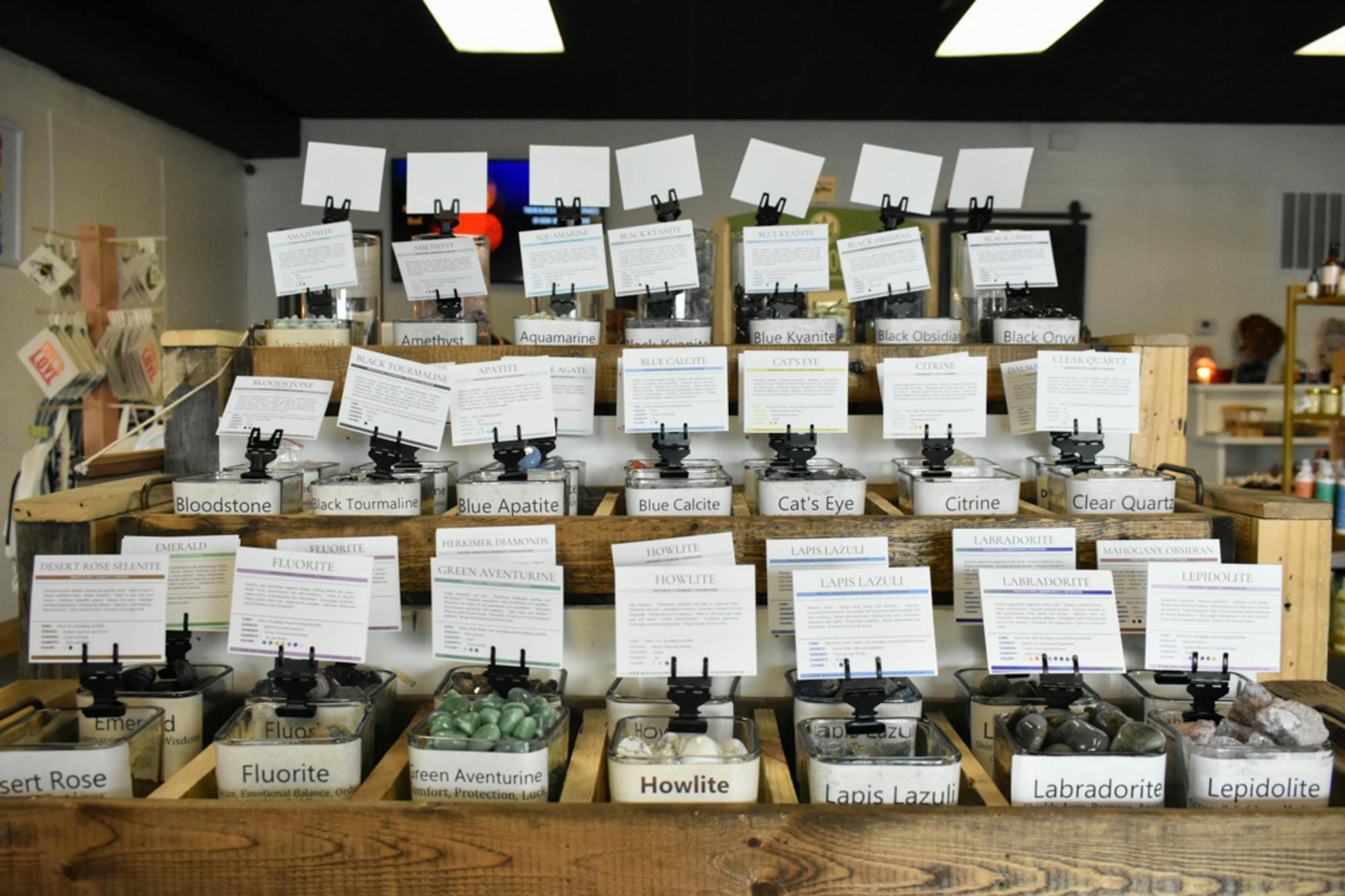 Multiple different kinds of crystals are placed in stacked jars at The Healing Bar on Jan. 26, 2023. One of the most popular items in spiritual healing among young generations is through crystals.