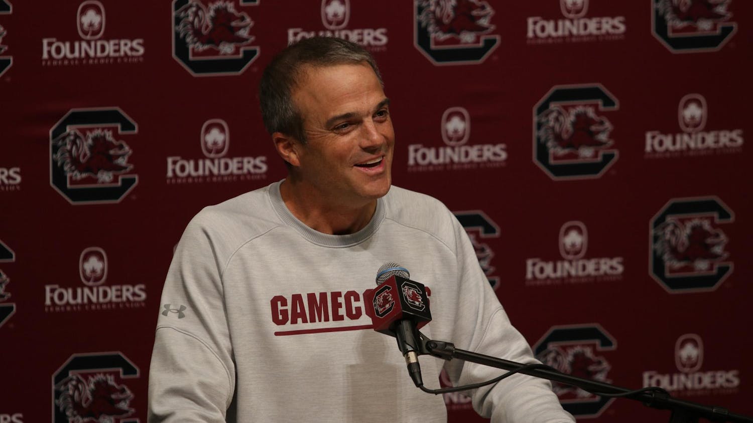 FILE — Gamecock football head coach Shane Beamer addresses the media regarding on Oct. 28, 2023. South Carolina held a press conference on Tuesday to discuss the team's first depth chart ahead of its season opener against Old Dominion.
