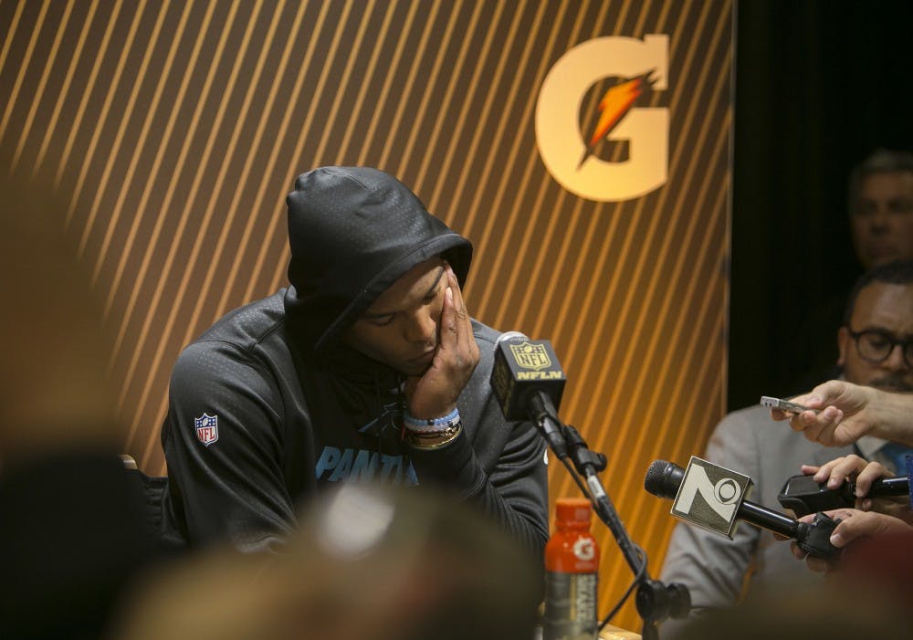 Carolina Panthers quarterback Cam Newton speaks to the media at a postgame news conference following a 24-10 loss against the Denver Broncos in Super Bowl 50 at Levi&apos;s Stadium in Santa Clara, Calif., on Sunday, Feb. 7, 2016. (LiPo Ching/Bay Area News Group/TNS)