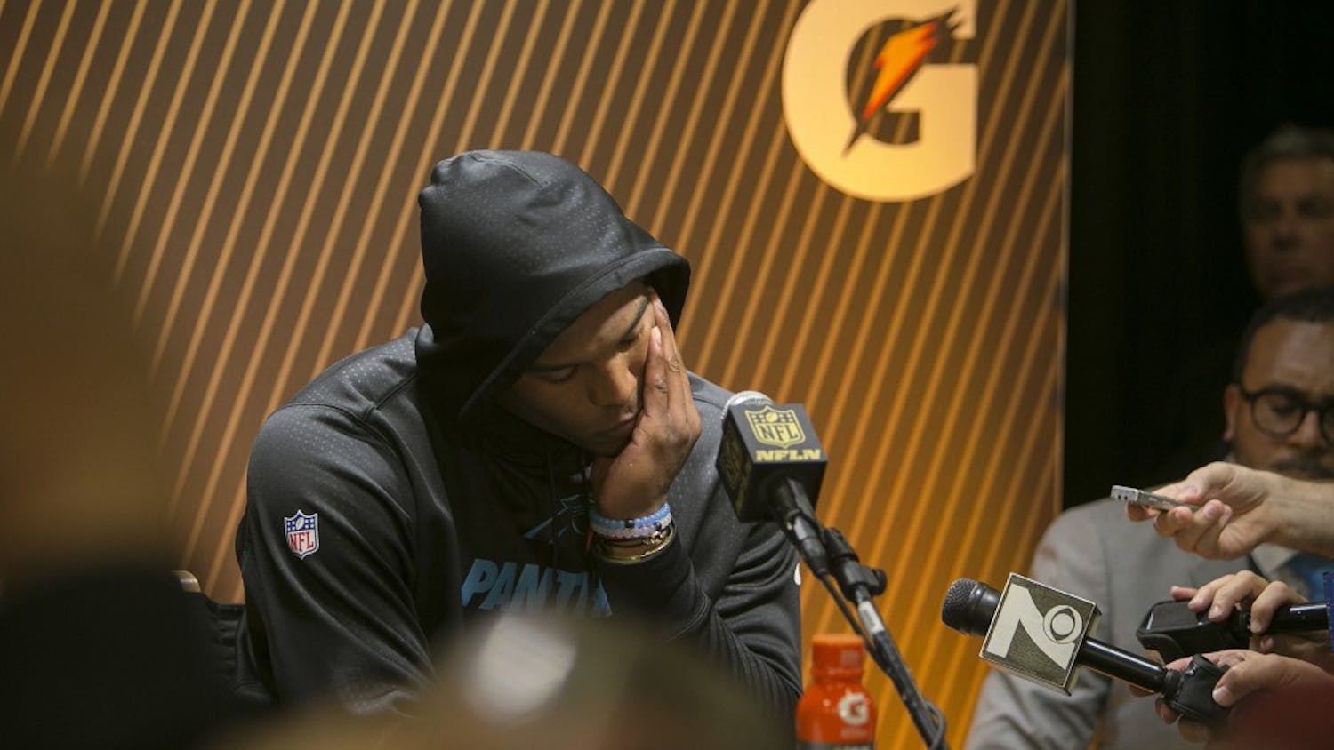 Carolina Panthers quarterback Cam Newton speaks to the media at a postgame news conference following a 24-10 loss against the Denver Broncos in Super Bowl 50 at Levi's Stadium in Santa Clara, Calif., on Sunday, Feb. 7, 2016. (LiPo Ching/Bay Area News Group/TNS)