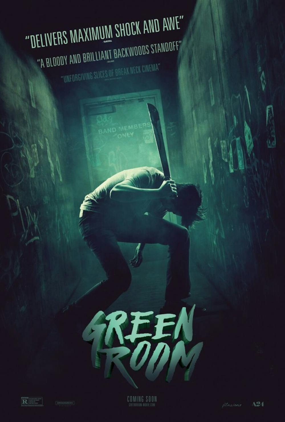 <p>"Green Room" is a high-spirited horror-thriller that follows a group of young punk rockers as they fight various antagonists such as neo-Nazis and flesh-eating dogs.</p>