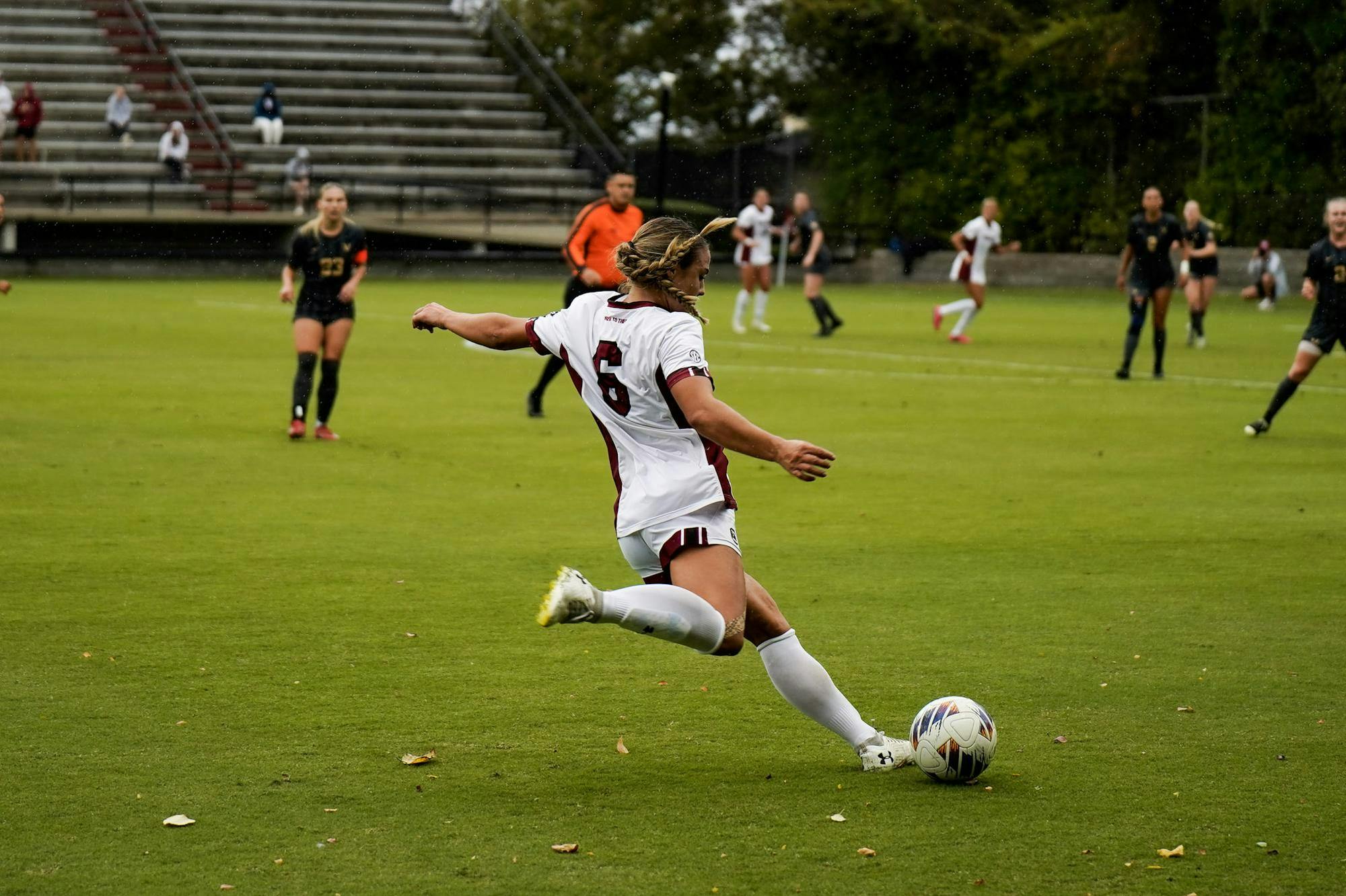 Junior defender Amanda Patrick gets a free kick in enemy territory against Vanderbilt at Eugene E. Stone III Stadium on Oct. 26, 2025. Patrick has played a total of 953 minutes to close out the regular season.