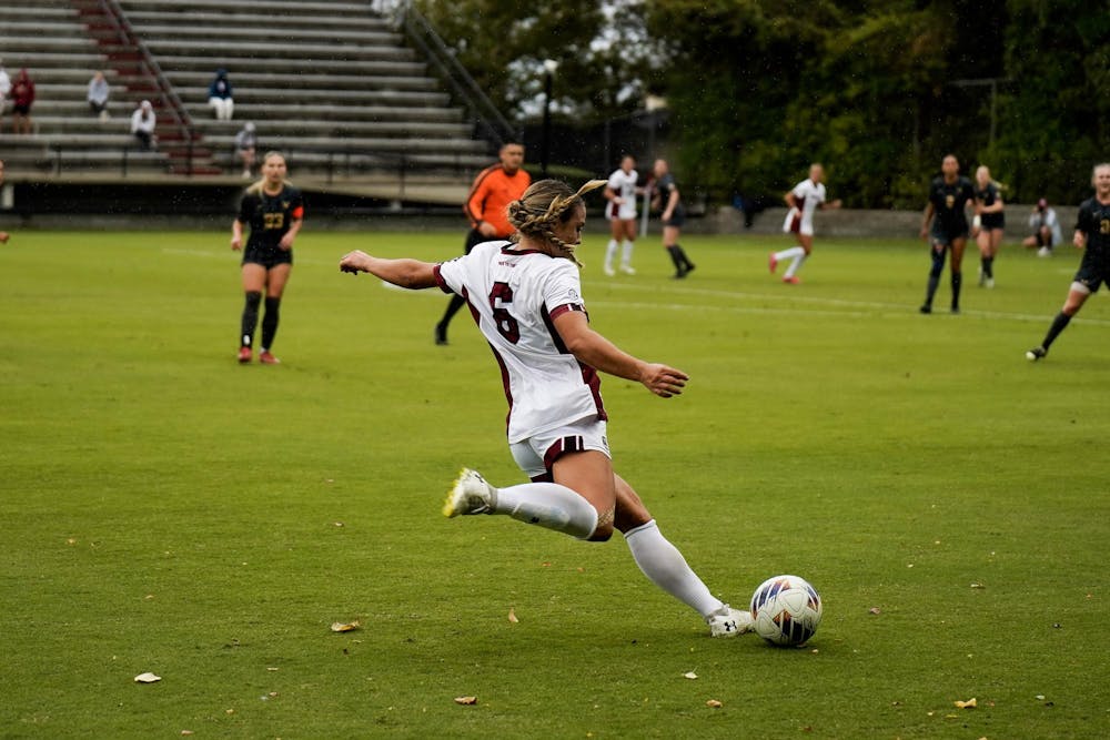 <p>Junior defender Amanda Patrick gets a free kick in enemy territory against Vanderbilt at Eugene E. Stone III Stadium on Oct. 26, 2025. Patrick has played a total of 953 minutes to close out the regular season.</p>