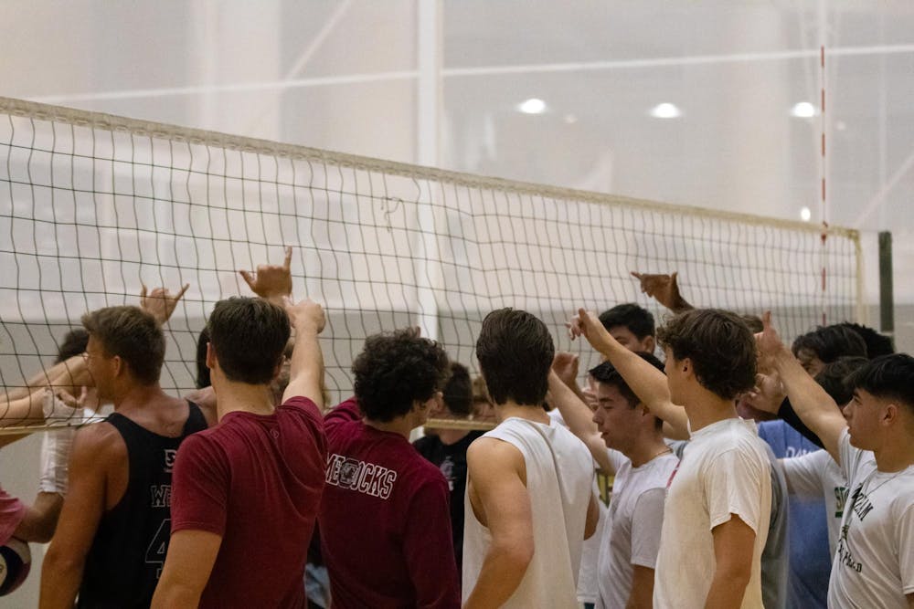 <p>The University of South Carolina men’s club volleyball players huddle up to end practice on Oct. 21, 2024, at Strom Fitness and Wellness Center.&nbsp;The team recently came in third at the National Collegiate Volleyball Federation.</p>