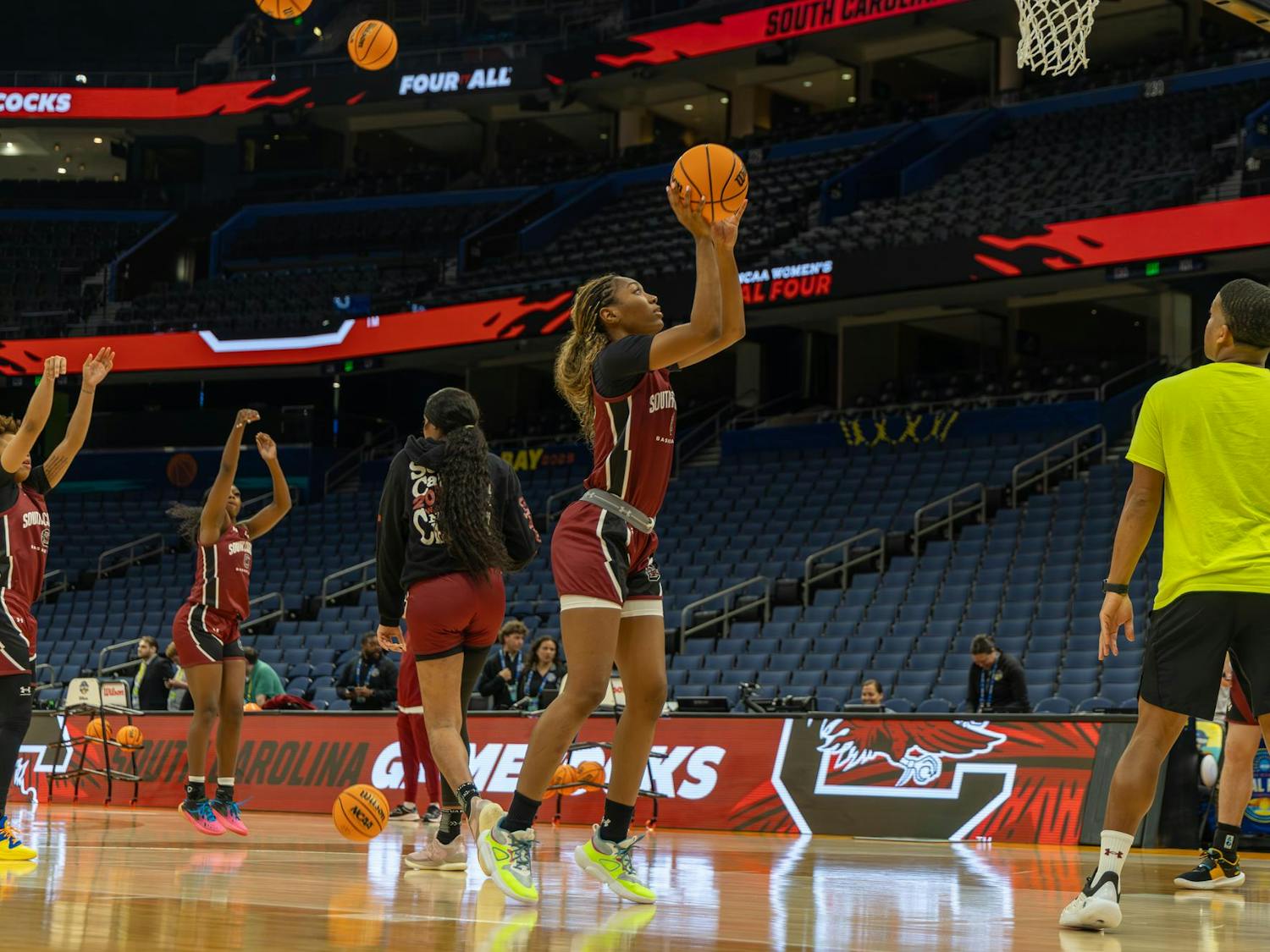 Senior guard Bree Hall attempts a shot at the basket during a team practice on April 3, 2025 at Amalie Arena. The Gamecocks are in Tampa, Florida for its fifth consecutive Final Four appearance.