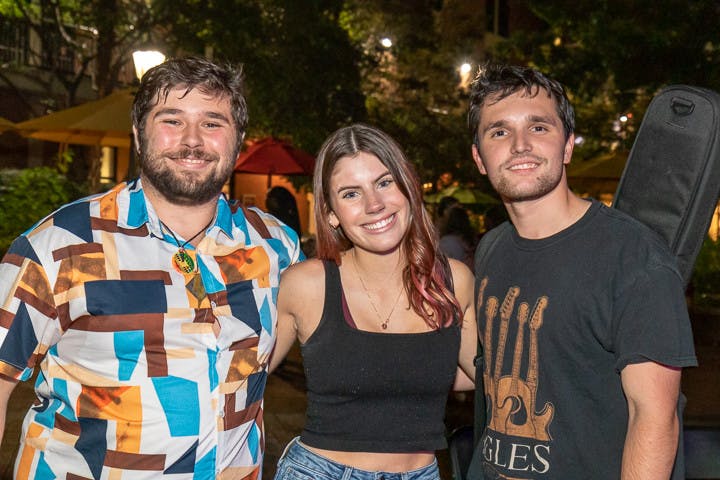 The House Band's lead singer Tyler Bomse (left), bassist Madison Adams (center), and guitarist Carter Vogt pose after the Battle of the Bands on Oct. 5, 2022. The rock band won the evening's competition and will perform at the UofSC Homecoming Block party on Oct. 28, 2022.