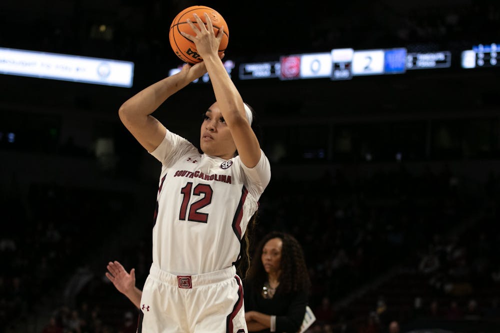 <p>Senior guard Brea Beal shoots a three-pointer to make the score 3-2 in the first quarter against Kentucky at Colonial Life Arena on Feb. 2, 2023. The South Carolina Gamecocks beat the Wildcats for the second time this season 87-69.</p>
