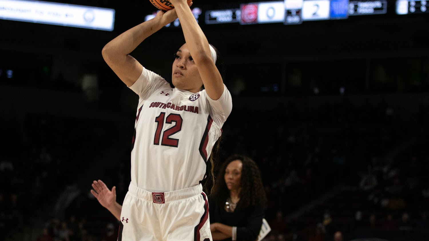 Senior guard Brea Beal shoots a three-pointer to make the score 3-2 in the first quarter against Kentucky at Colonial Life Arena on Feb. 2, 2023. The South Carolina Gamecocks beat the Wildcats for the second time this season 87-69.