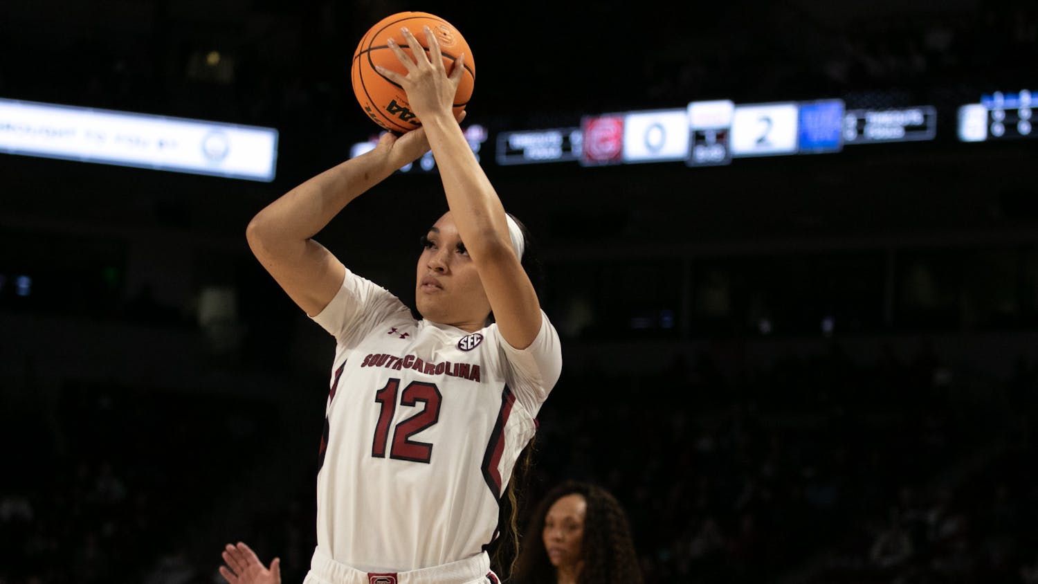 Senior guard Brea Beal shoots a three-pointer to make the score 3-2 in the first quarter against Kentucky at Colonial Life Arena on Feb. 2, 2023. The South Carolina Gamecocks beat the Wildcats for the second time this season 87-69.
