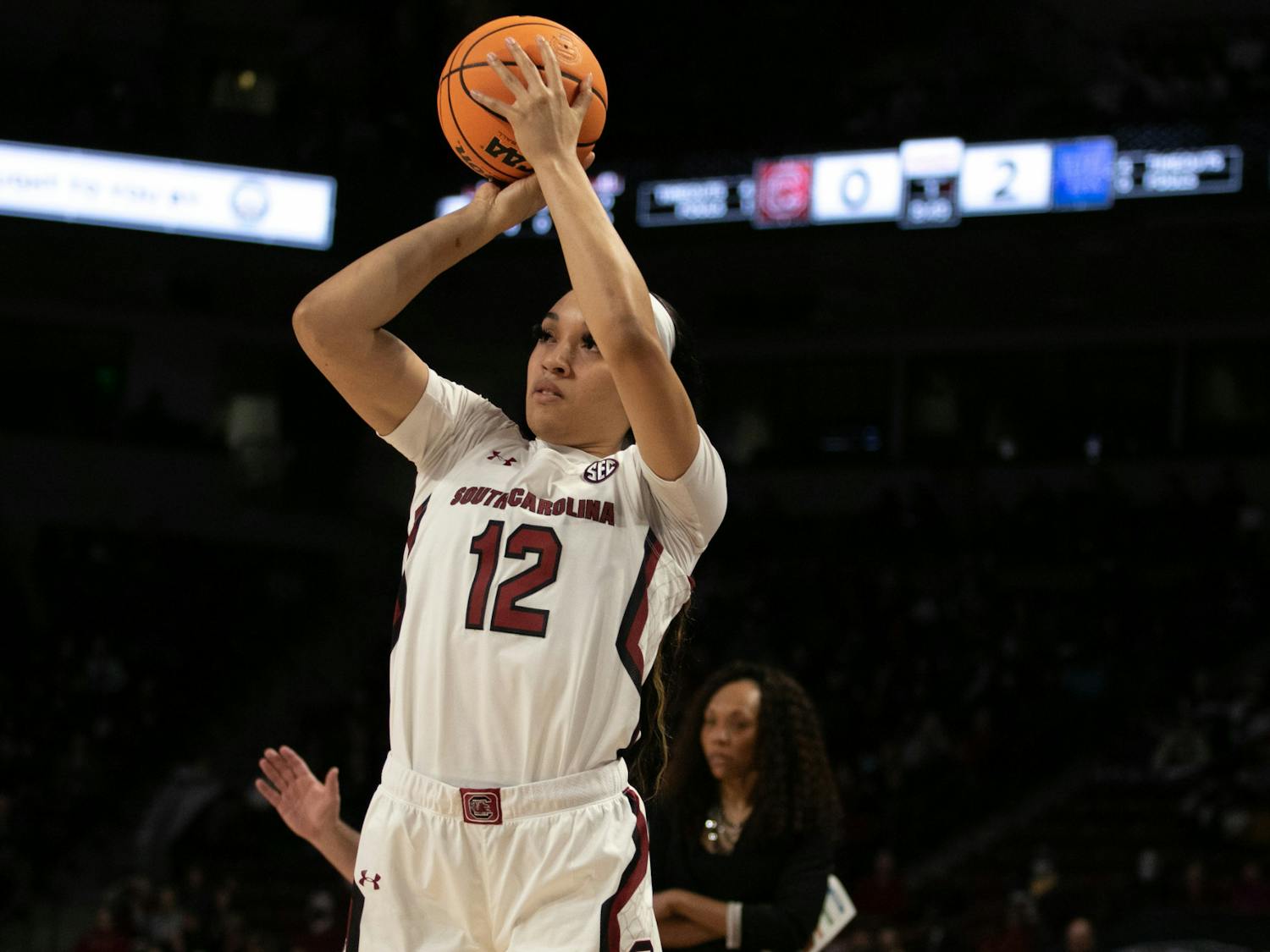 Senior guard Brea Beal shoots a three-pointer to make the score 3-2 in the first quarter against Kentucky at Colonial Life Arena on Feb. 2, 2023. The South Carolina Gamecocks beat the Wildcats for the second time this season 87-69.
