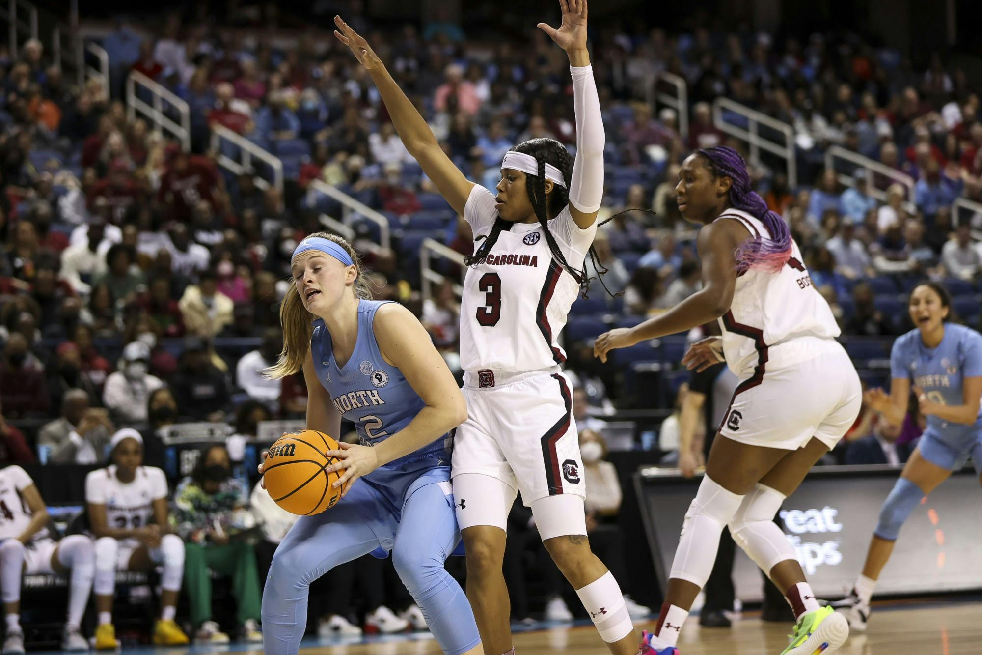 Senior guard Destanni Henderson guards Carlie Littlefield during the second quarter of South Carolina's 69-61 victory over North Carolina in the Sweet Sixteen on March 25, 2022.