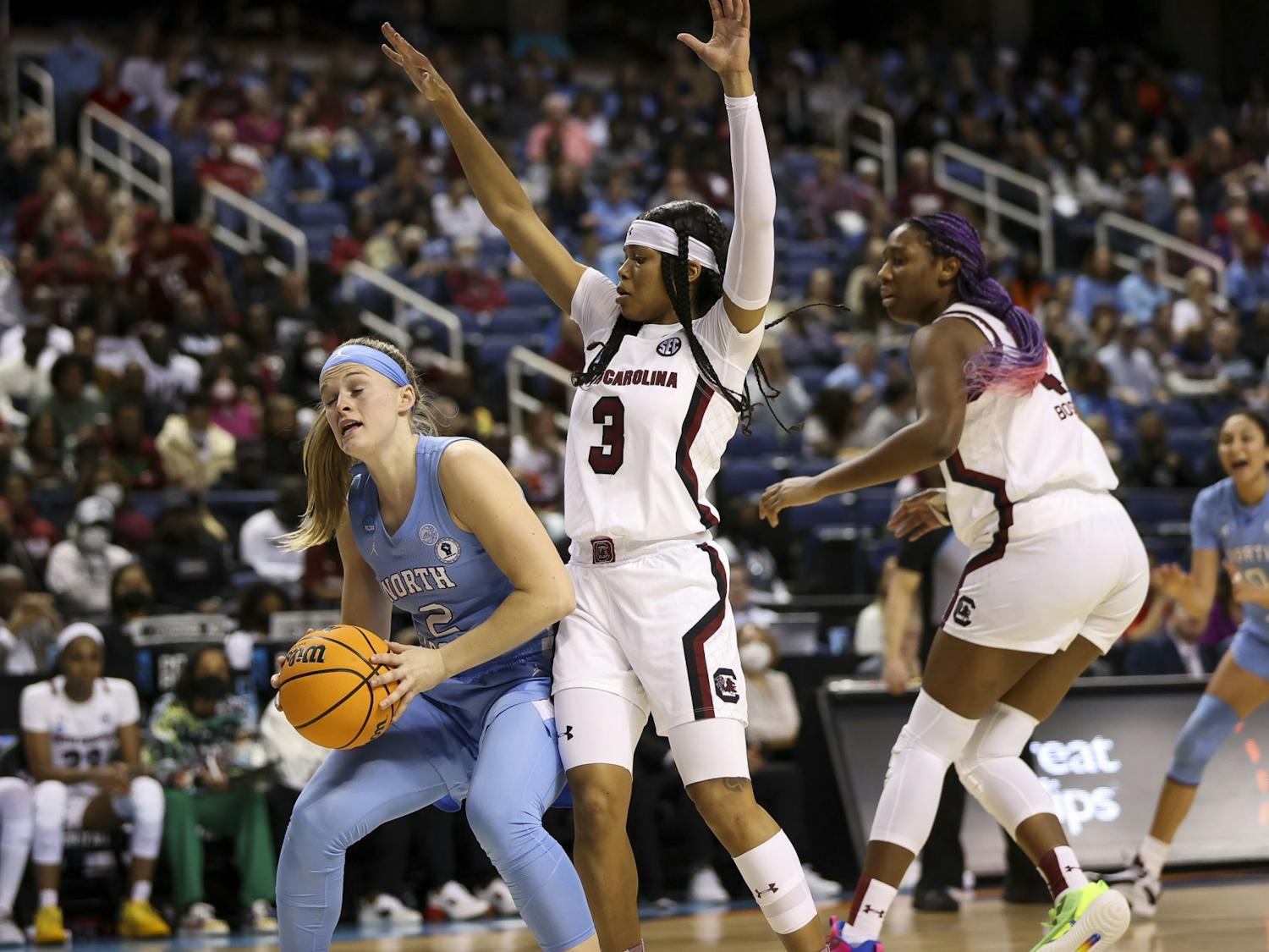 Senior guard Destanni Henderson guards Carlie Littlefield during the second quarter of South Carolina's 69-61 victory over North Carolina in the Sweet Sixteen on March 25, 2022.