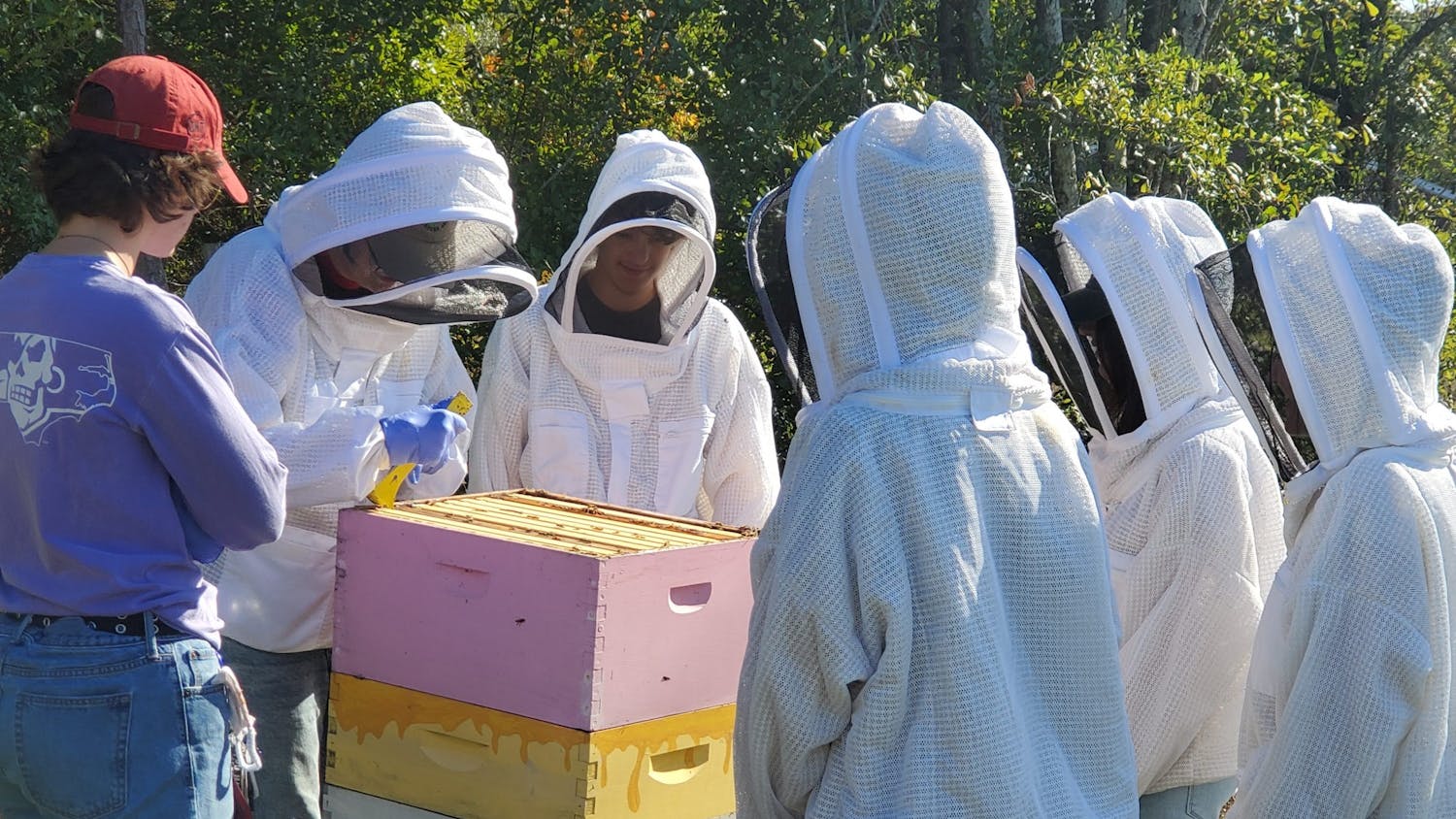 The Carolina Beekeeping Club crowd around beehives in their beesuits. The club is open to all USC students and faculty who share a passion for “protecting our pollinators.” 