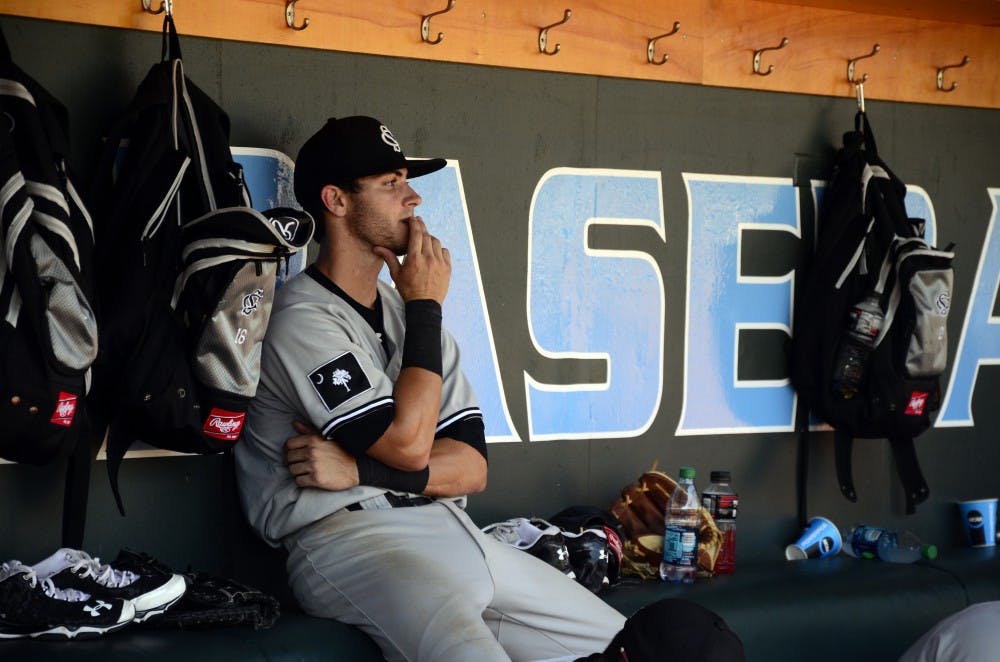 Vergason in the dugout after the Gamecocks lose the game.
