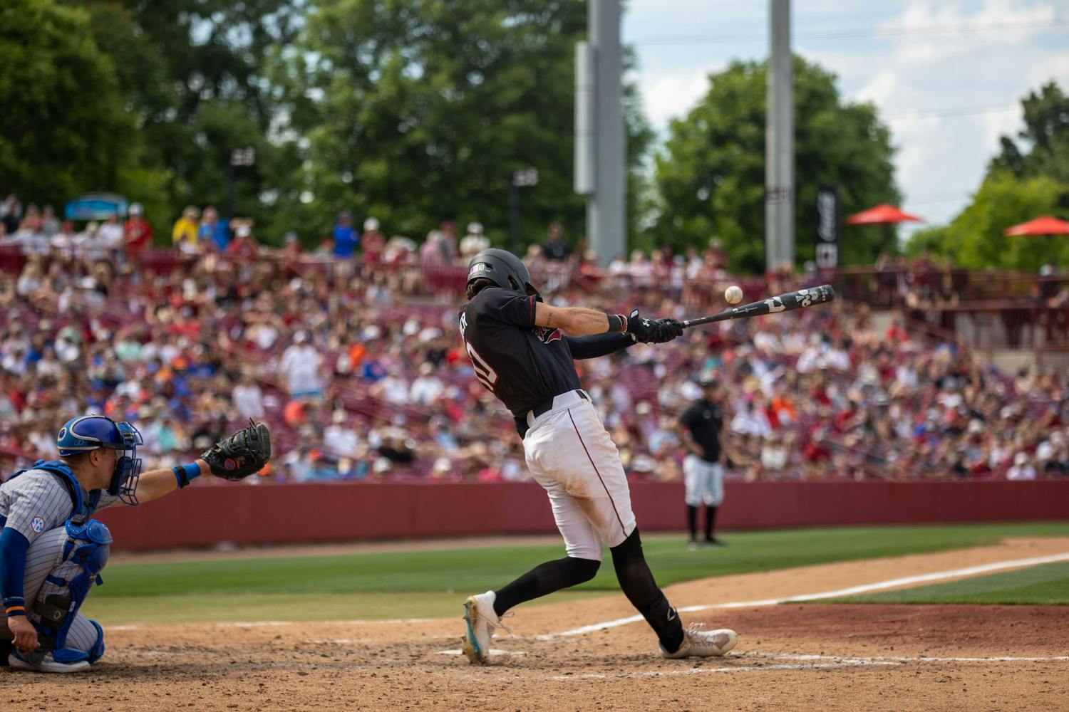 Senior outfielder Dylan Brewer connects with the ball on April 22, 2023, at Founders Park during the third game between South Carolina and Florida. Brewer accounted for three runs and went 4-5 at the plate in the series finale.