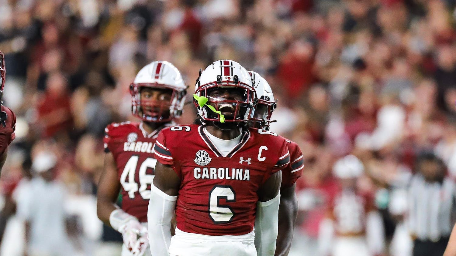 FILE — Redshirt senior defensive back Marcellas Dial screams after South Carolina stops Furman on fourth down on Sep. 10, 2023 . South Carolina defeated Furman 47-21 for its first home game of the season.