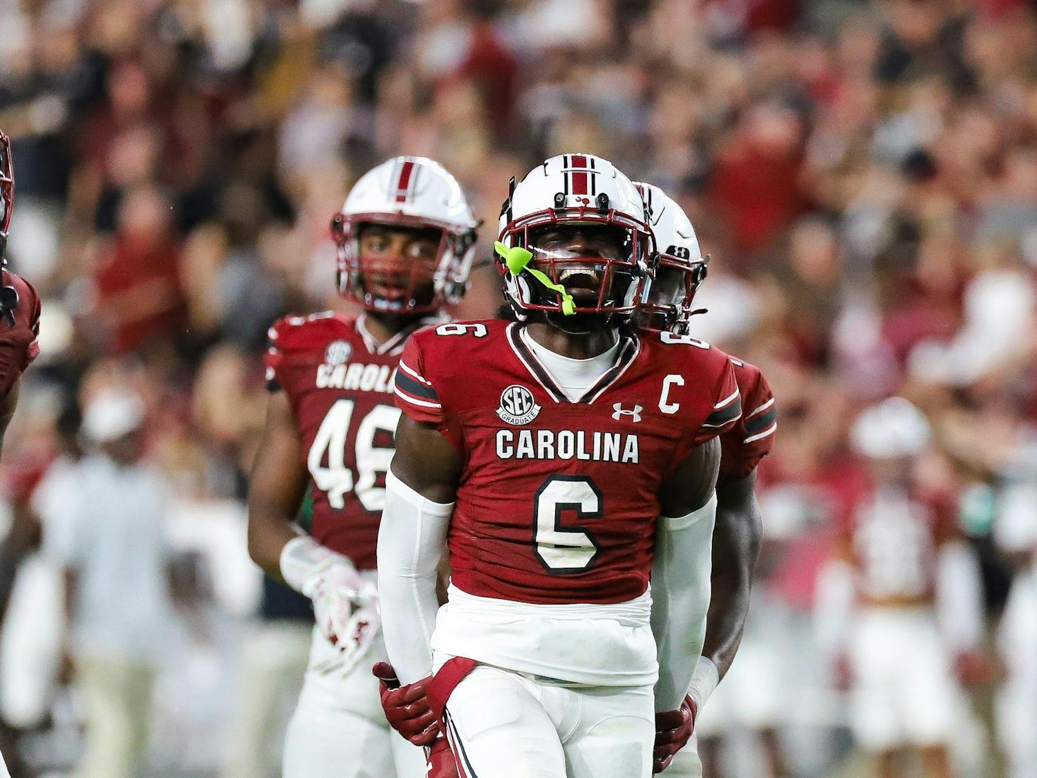 FILE — Redshirt senior defensive back Marcellas Dial screams after South Carolina stops Furman on fourth down on Sep. 10, 2023 . South Carolina defeated Furman 47-21 for its first home game of the season.