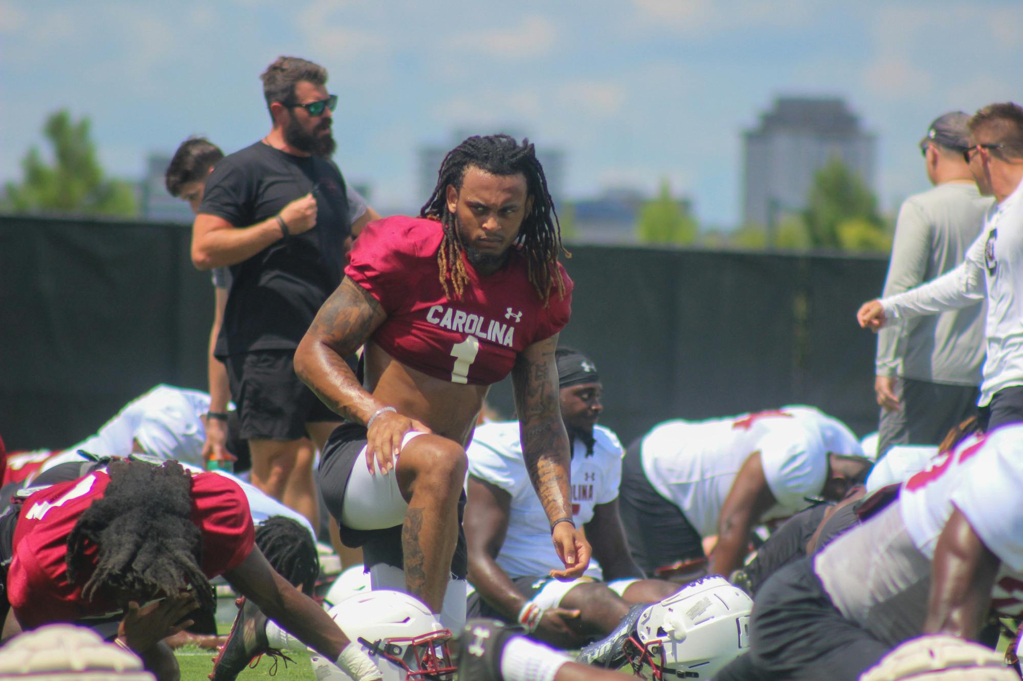 Redshirt senior RJ Roderick stretches at Gamecock a preseason practice on Aug. 29, 2022. 