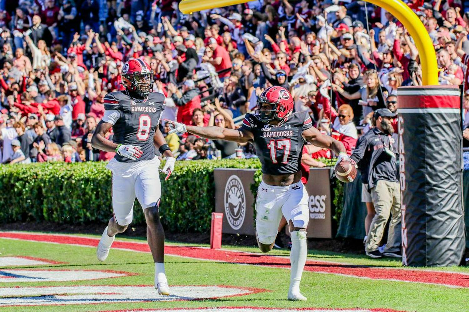 Fifth-year wide receiver Xavier Legette celebrates after running the ball into the end zone during the matchup between the South Carolina and Jacksonville State ɫɫƵs at Williams-Brice Stadium on Nov. 4, 2023. Legette made 217 yards and scored two touchdowns during the game; a personal record for the season.