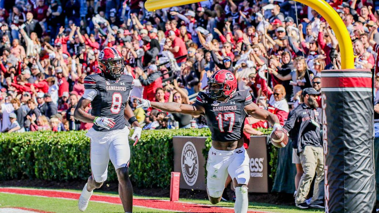Fifth-year wide receiver Xavier Legette celebrates after running the ball into the end zone during the matchup between the South Carolina and Jacksonville State Gamecocks at Williams-Brice Stadium on Nov. 4, 2023. Legette made 217 yards and scored two touchdowns during the game; a personal record for the season.