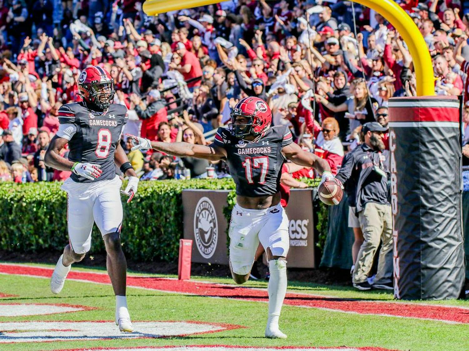 Fifth-year wide receiver Xavier Legette celebrates after running the ball into the end zone during the matchup between the South Carolina and Jacksonville State Gamecocks at Williams-Brice Stadium on Nov. 4, 2023. Legette made 217 yards and scored two touchdowns during the game; a personal record for the season.