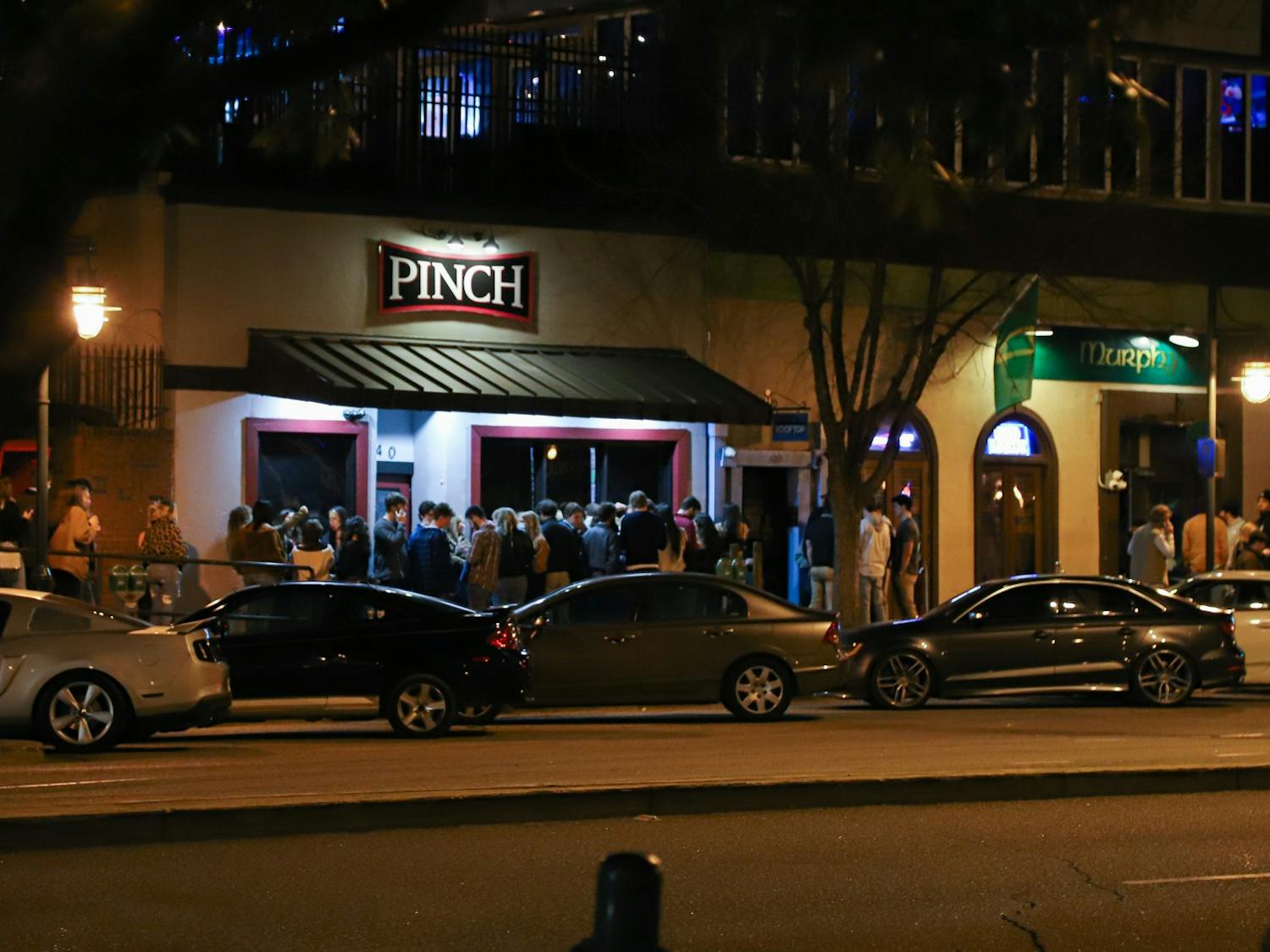 &nbsp;&nbsp;The popular bars Pinch, Rooftop and Murphey’s Law from the corner of Harden Street and Santee Avenue at 9:43 p.m. on Jan. 29, 2021.&nbsp;