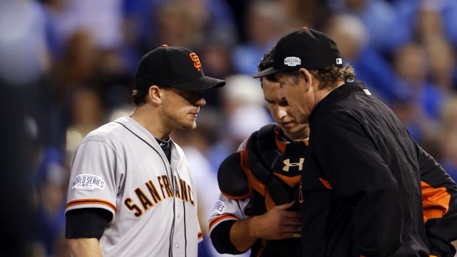 The San Francisco Giants' pitching coach Dave Righetti, right, and catcher Buster Posey visit pitcher Jake Peavy on the mound during the second inning in Game 6 of the World Series at Kauffman Stadium in Kansas City, Mo., on Tuesday, Oct. 28, 2014. (Josie Lepe/Bay Area News Group/MCT)