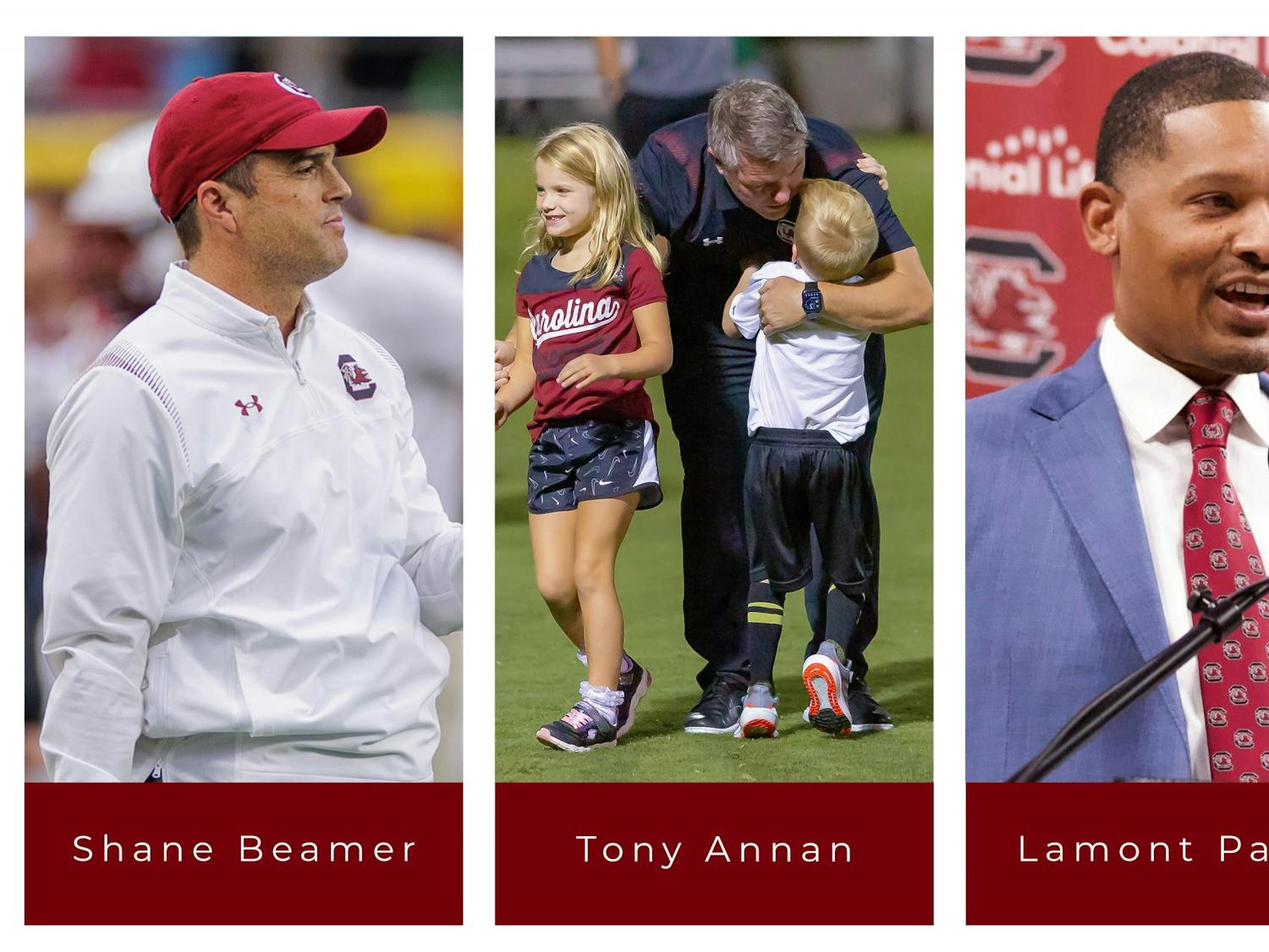 South Carolina head football coach Shane Beamer, new men's head basketball coach Lamont Paris and men's head soccer coach Tony Annan. All three coaches are new to South Carolina and were hired within the last two years.