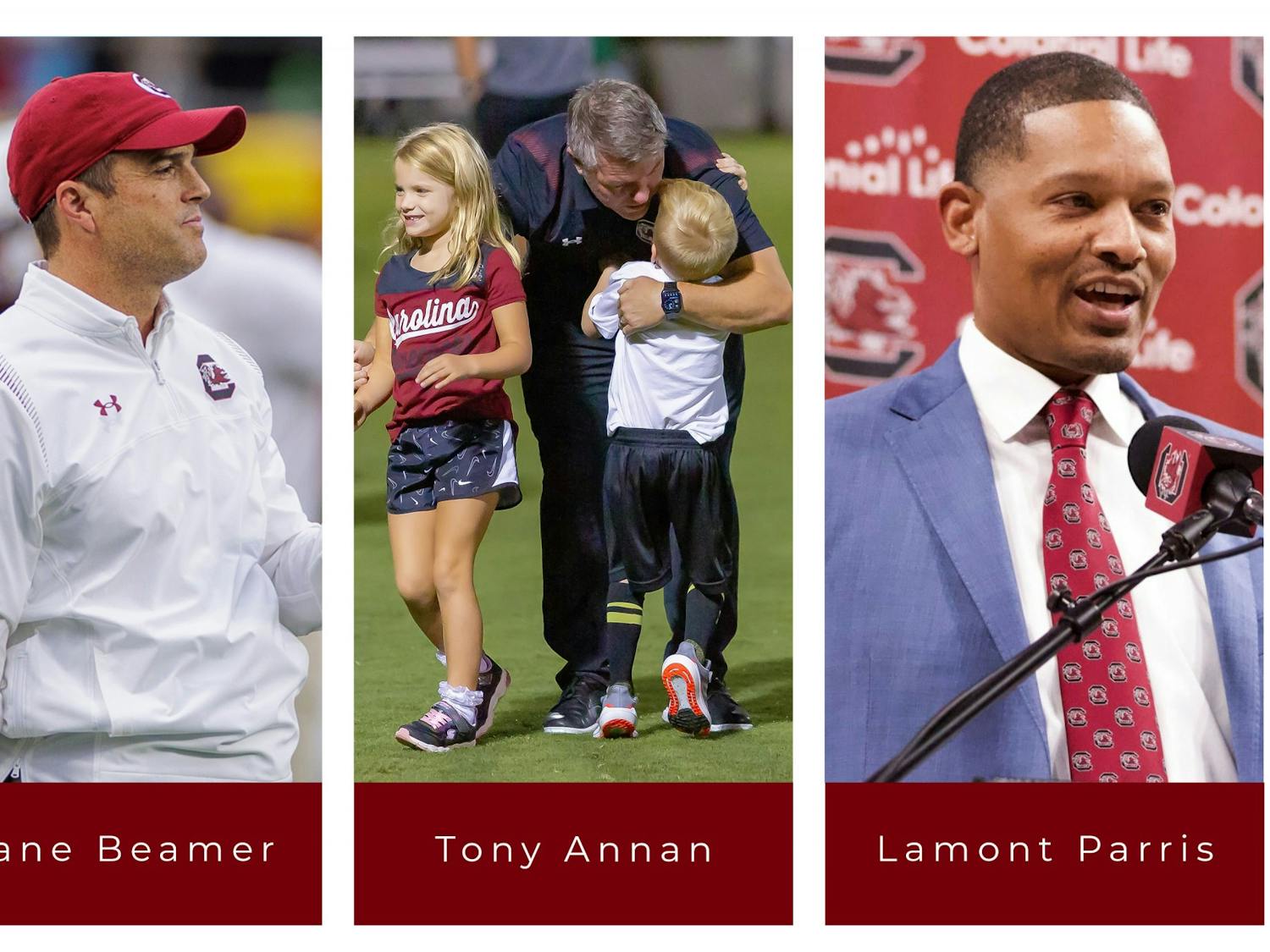 South Carolina head football coach Shane Beamer, new men's head basketball coach Lamont Paris and men's head soccer coach Tony Annan. All three coaches are new to South Carolina and were hired within the last two years.