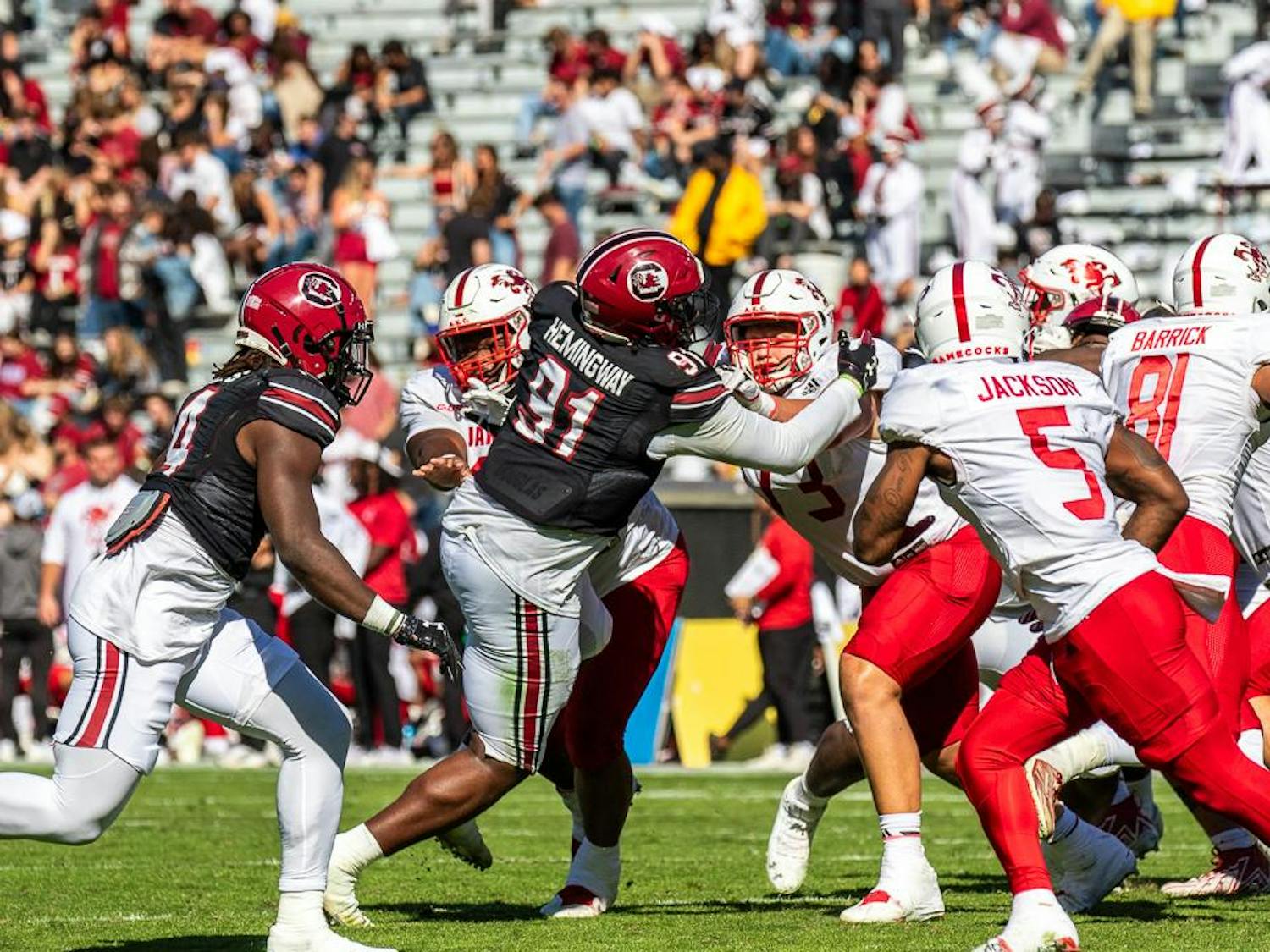 Senior defensive tackle Tonka Hemingway goes in to tackle Jacksonville State freshman quarterback Earl Woods III during the second quarter at Williams-Brice Stadium on Nov. 4, 2023. Hemingway went on to catch the fumble, overturning the ball for South Carolina.