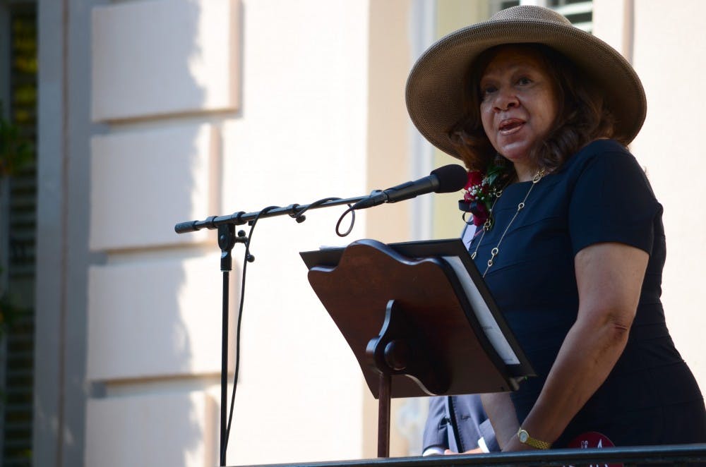 	Henrie Monteith Treadwell, one of the first African-American students to enroll at USC addresses the crowd at the 50th anniversary of desegregation.