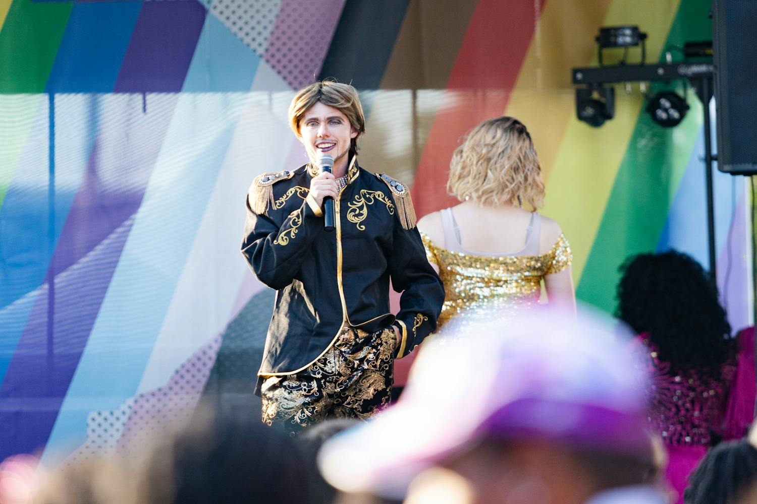 A drag king walks across the stage in an attempt to win the title of Mr. Outfest 2022 on June 4, 2022. Outfest featured performances, food and vendors in honor of Pride month.