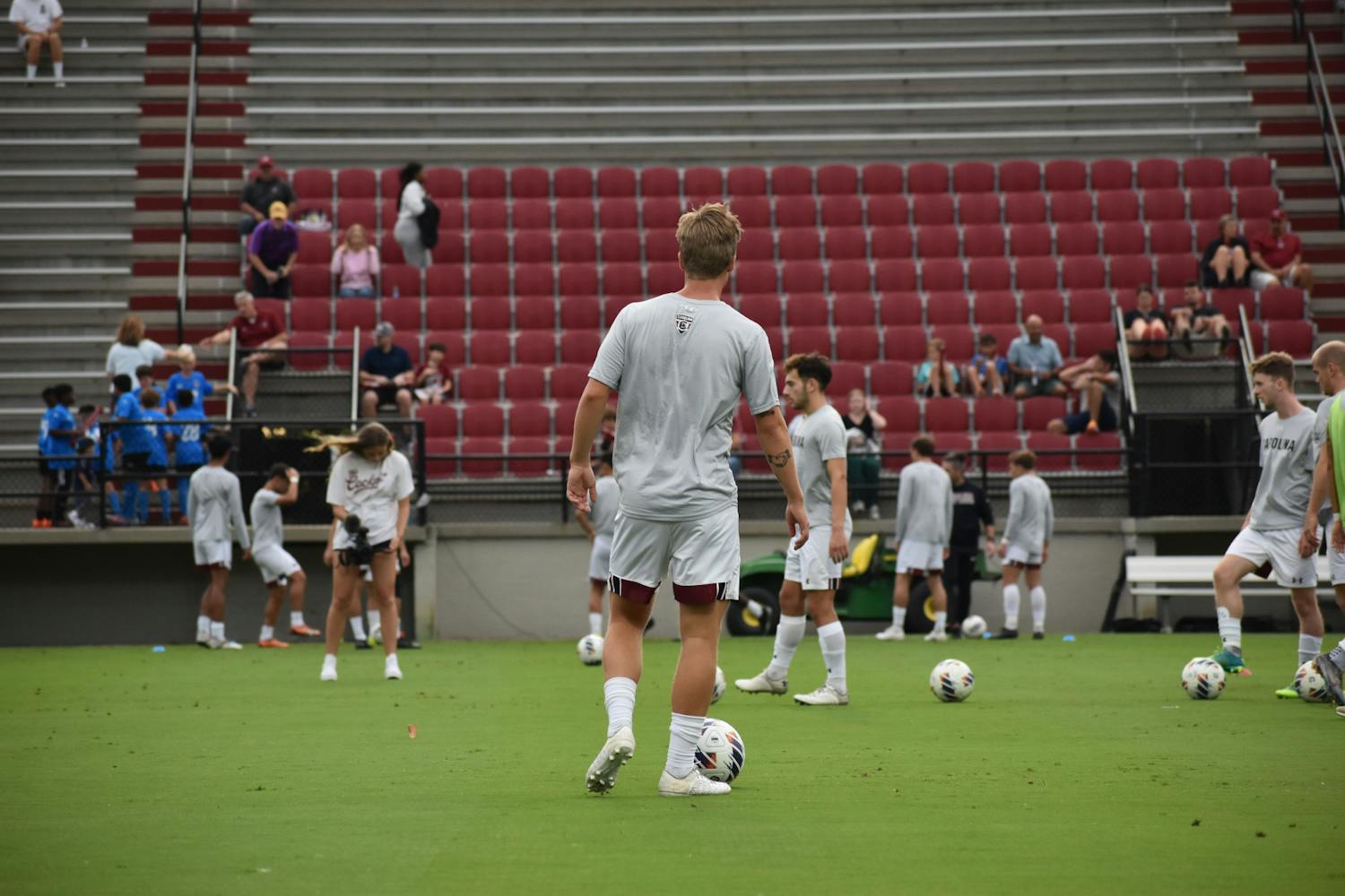 The University of South Carolina Men's soccer team warms up prior to their match against Georgia State at Stone Stadium on Sep. 23, 2023. The Gamecocks lost to the Panthers 1-0, making their season 2-4-1.&nbsp;