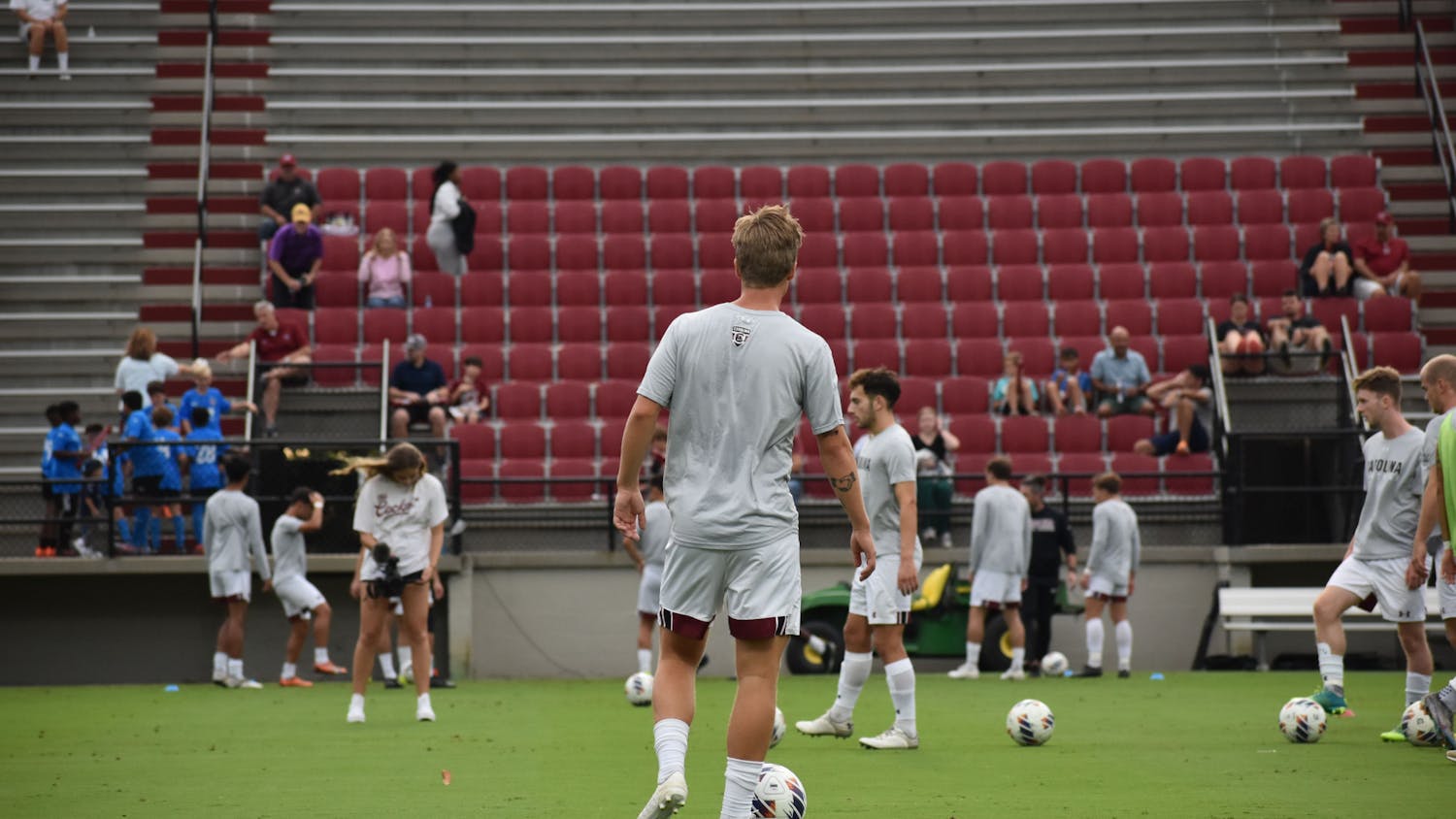 The University of South Carolina Men's soccer team warms up prior to their match against Georgia State at Stone Stadium on Sep. 23, 2023. The Gamecocks lost to the Panthers 1-0, making their season 2-4-1.&nbsp;