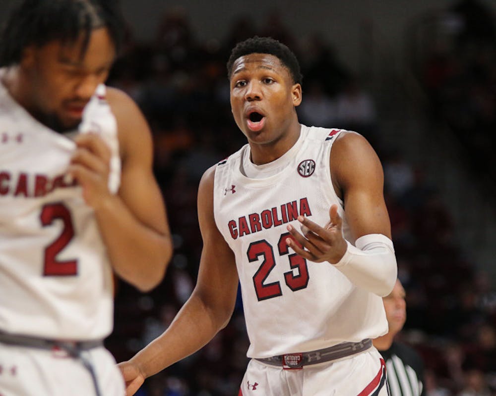 <p>FILE—Freshman forward GG Jackson lets out his frustration after a call made by the referee during a game on Jan. 7, 2023. South Carolina lost to Tennessee 85-42.</p>
