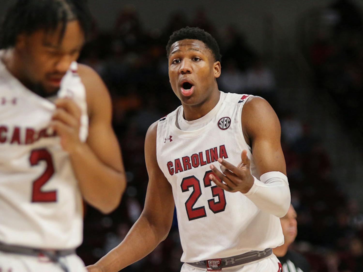 FILE—Freshman forward GG Jackson lets out his frustration after a call made by the referee during a game on Jan. 7, 2023. South Carolina lost to Tennessee 85-42.