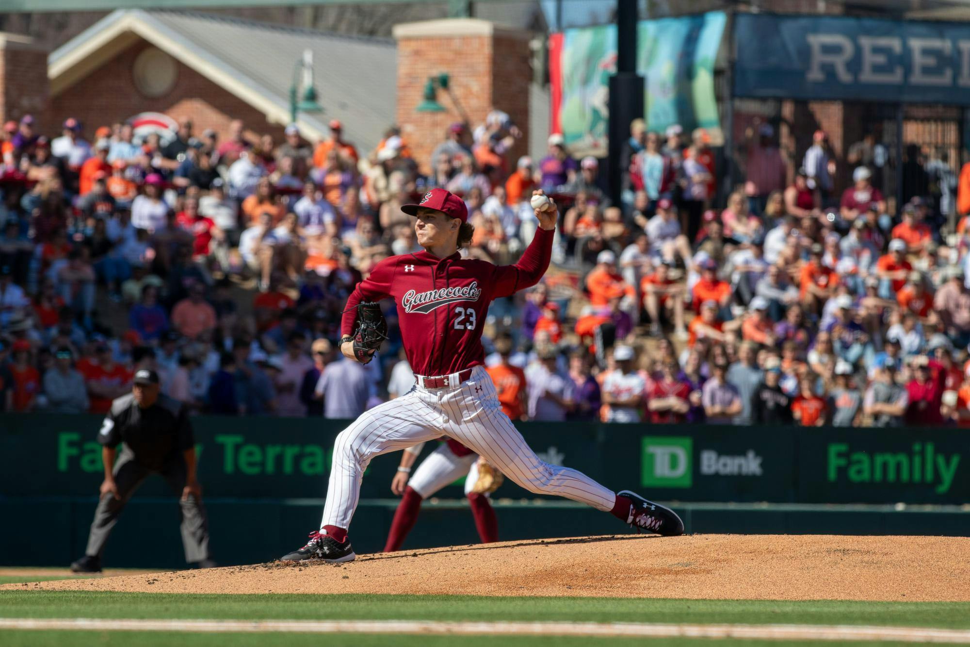 Sophomore left-handed pitcher Jake McCoy delivers a pitch against the Clemson Tigers at Fluor Field on March 1, 2025. McCoy recorded a career-high 12 strikeouts over six innings, allowing three hits, two runs and two walks in his 93-pitch start.