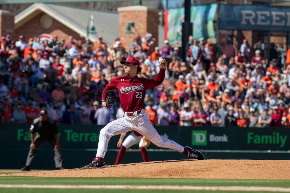 <p>Sophomore left-handed pitcher Jake McCoy delivers a pitch against the Clemson Tigers at Fluor Field on March 1, 2025. McCoy recorded a career-high 12 strikeouts over six innings, allowing three hits, two runs and two walks in his 93-pitch start.</p>