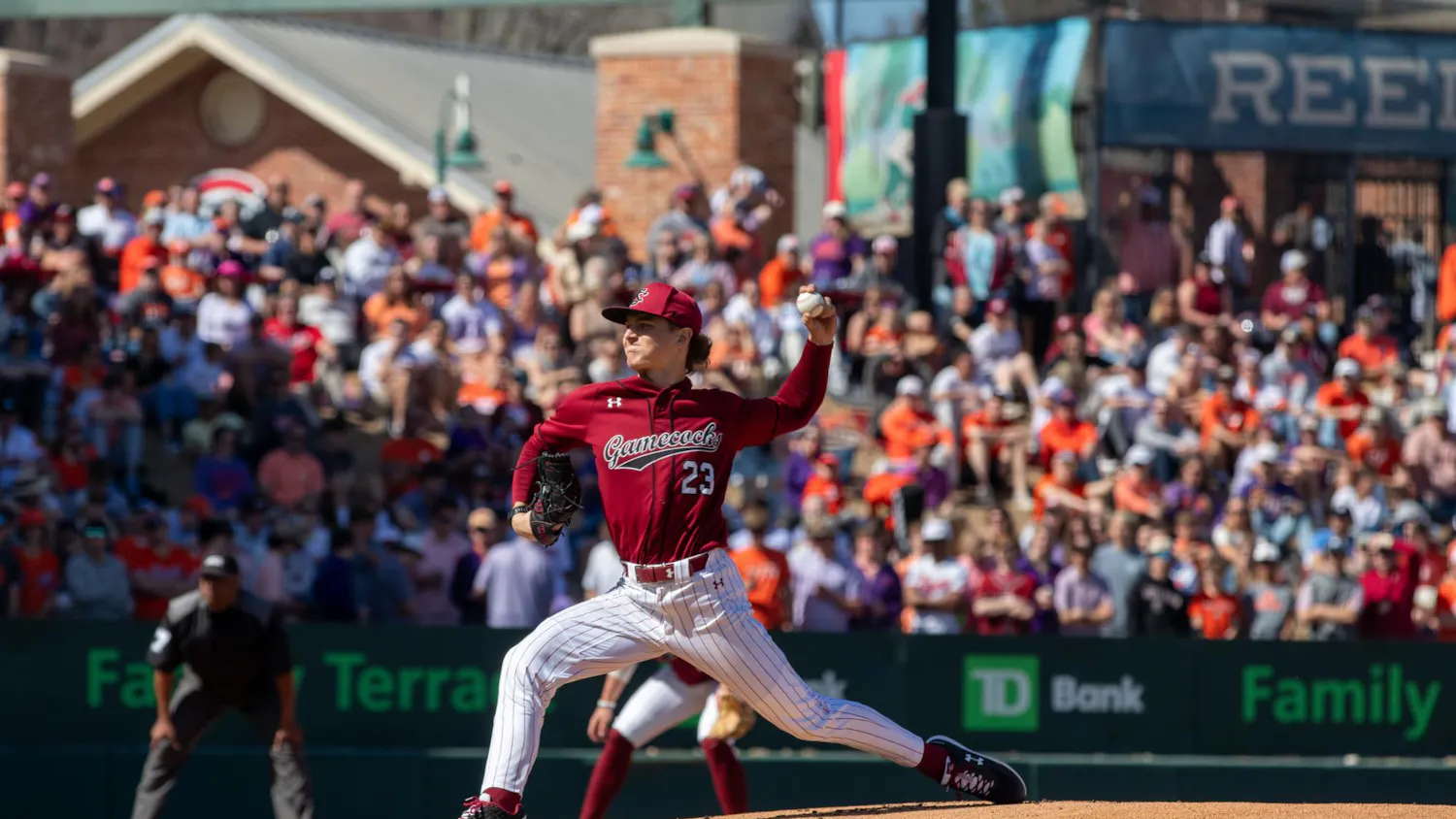 Sophomore left-handed pitcher Jake McCoy delivers a pitch against the Clemson Tigers at Fluor Field on March 1, 2025. McCoy recorded a career-high 12 strikeouts over six innings, allowing three hits, two runs and two walks in his 93-pitch start.