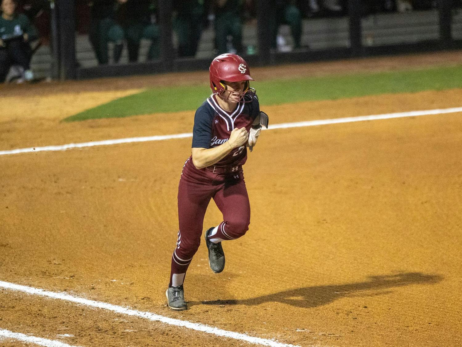 Senior infielder Riley Blampied runs toward first base in South Carolina's game against Michigan State on March 15, 2024. The Gamecocks won 8-0.