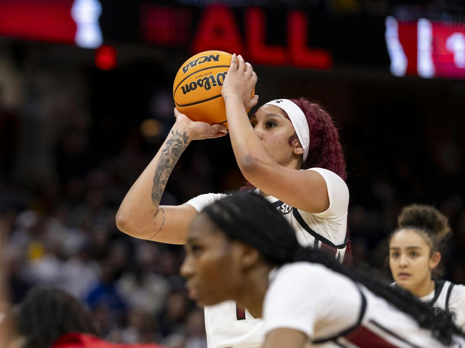 Senior center Kamilla Cardoso shoots a free throw during the Gamecock victory over NC State on April 5, 2024. Cardoso led the team in scoring with 22 points.