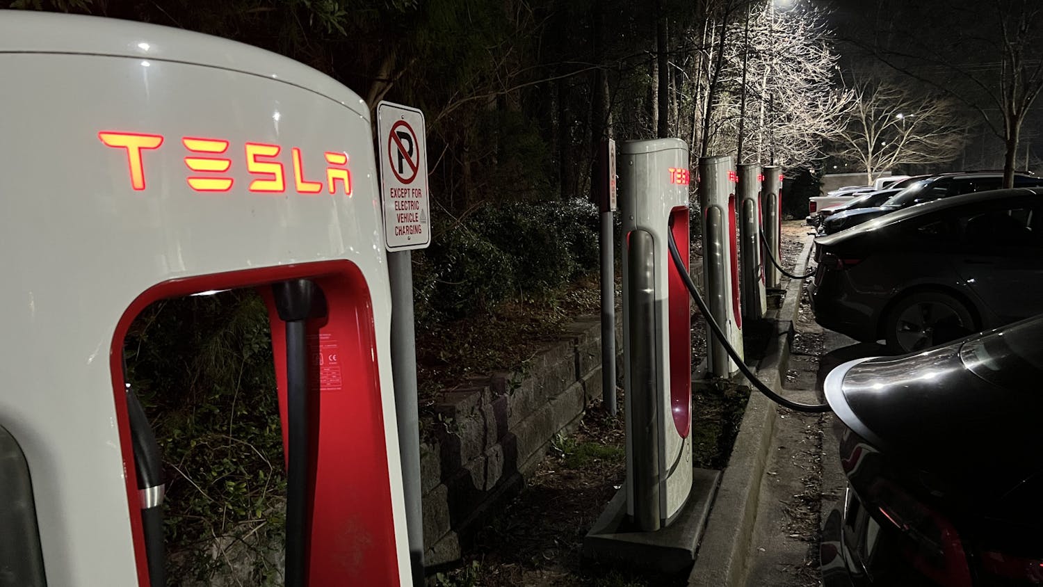 Tesla owner Laura Streit using one of the few available Tesla supercharging stations in Columbia, South Carolina, on Feb. 8, 2023. The charging station can take a Tesla Model 3 to full charge in eight and a half to 10 hours at a 220 voltage, giving it a range of 315 miles.&nbsp;