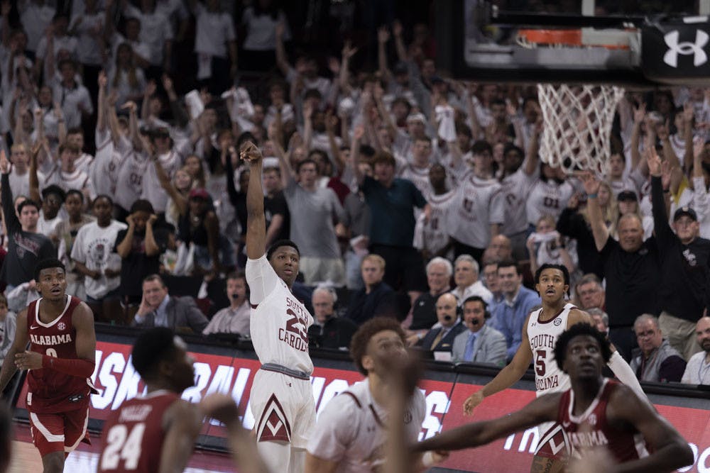 <p>FIle — Freshman forward G.G. Jackson II looks to see if the ball went in on his shot attempt against Alabama. Jackson scored 19 points in the Gamecocks' loss against the Crimson Tide 78-76 in overtime on Feb. 22, 2023.</p>