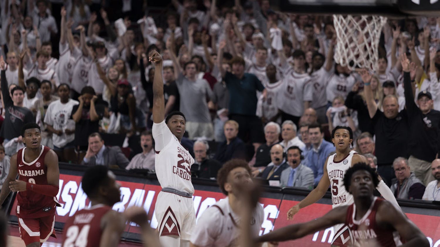 FIle — Freshman forward G.G. Jackson II looks to see if the ball went in on his shot attempt against Alabama. Jackson scored 19 points in the Gamecocks' loss against the Crimson Tide 78-76 in overtime on Feb. 22, 2023.