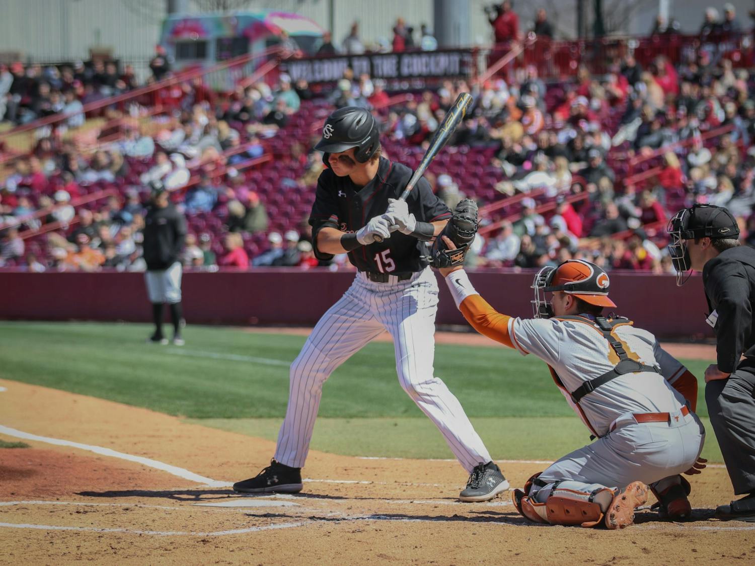 FILE—Sophomore infielder Carson Hornung up at bat during a game against Texas on March 13, 2022 at Founders Park. Over the summer, Hornung is playing for the La Crosse Lodgers in the Northwoods League.